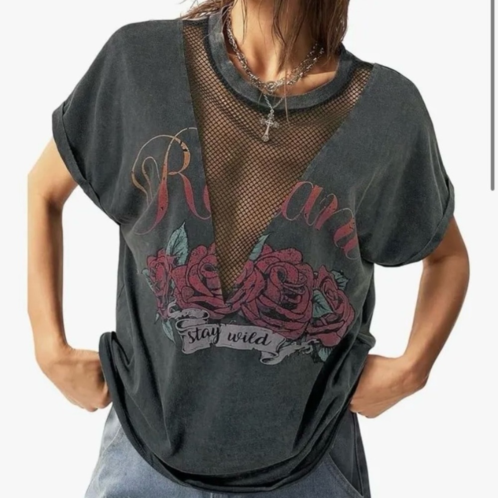 NWOT Black Graphic Mesh Women Top